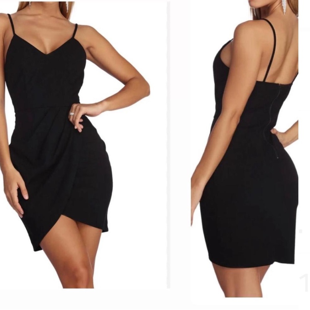 Pleat It Black Spaghetti Strap Mini Wrap Dress from Windsor, size Medium.